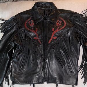 Chic Black Leather Jacket with Red Embroidery